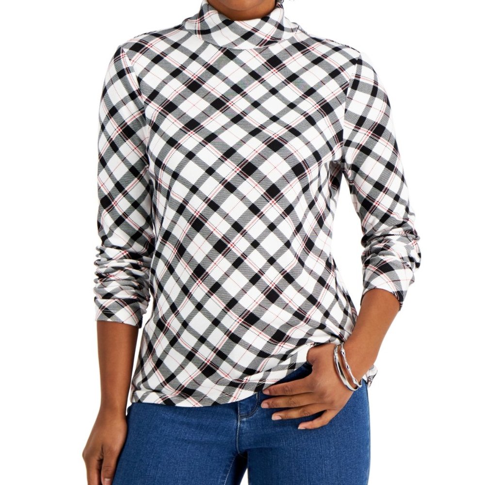 Charter Club Cotton Contrast Plaid Turtleneck Top